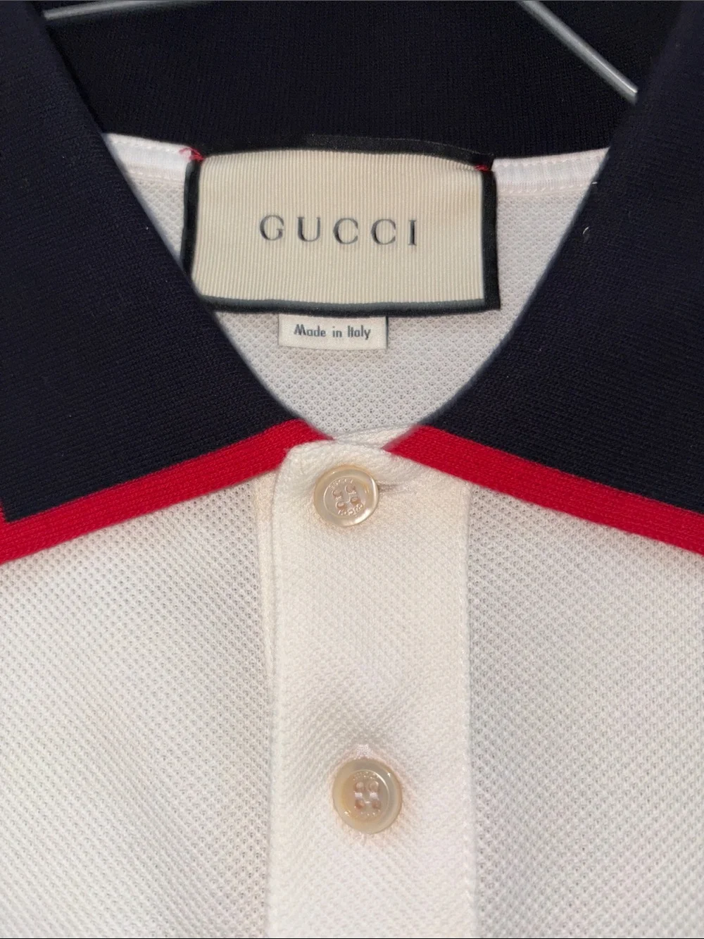 Gucci White Long Sleeve Polo with Green and Red Stripe Accents and Navy Collar